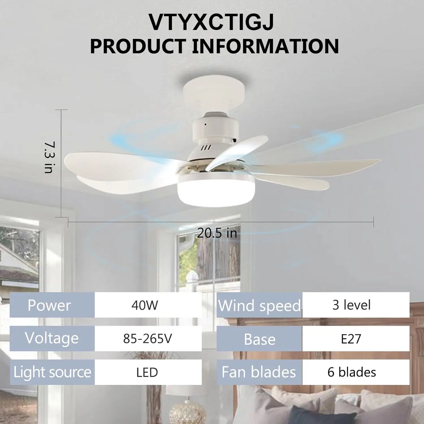 Socket Fan Light with Remote, Portable Ceiling Fan for Bedroom, Kitchen, Living Room, E26 Base 40W Dimmable 3000K-6000K