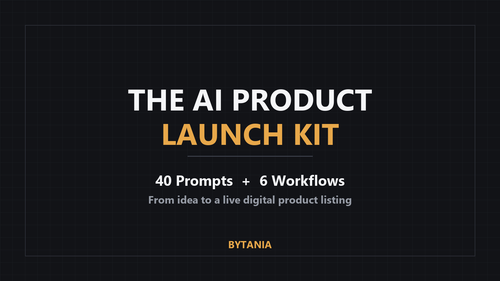 Cover of the AI Product Launch Kit showing the title and that it contains 40 prompts and 6 workflows