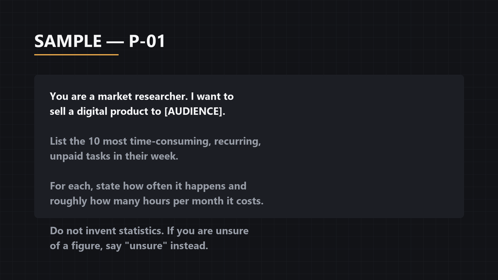 Sample prompt P-01 from the kit showing the exact text a buyer would paste into an AI tool