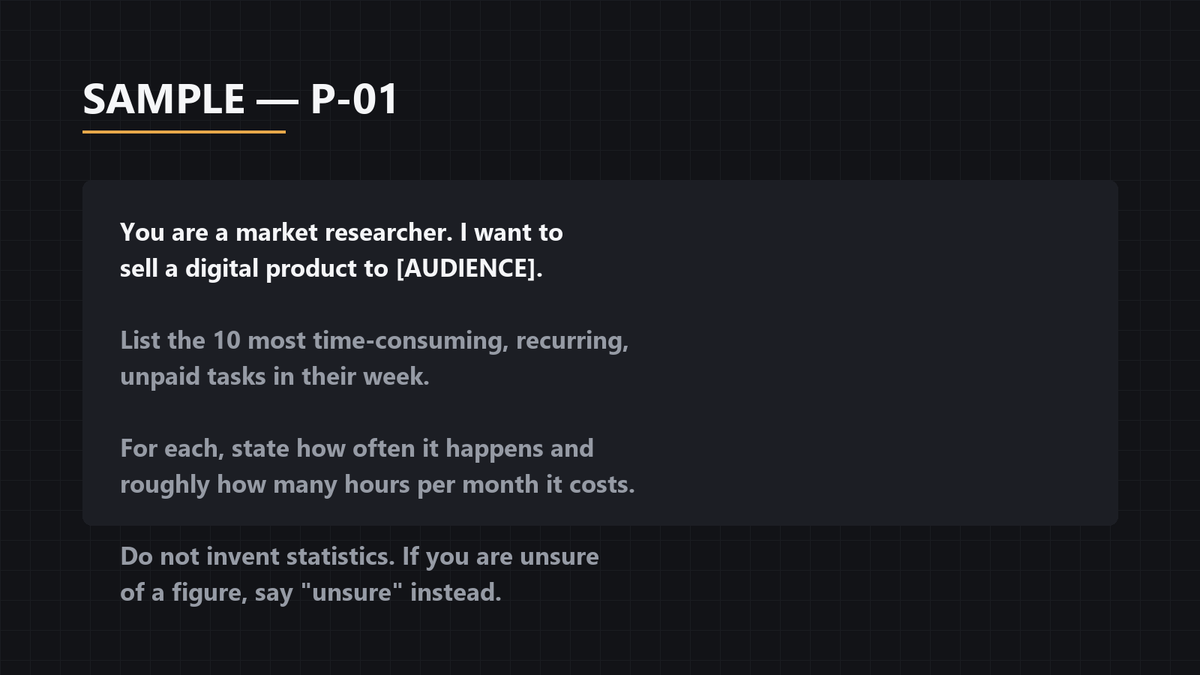 Sample prompt P-01 from the kit showing the exact text a buyer would paste into an AI tool