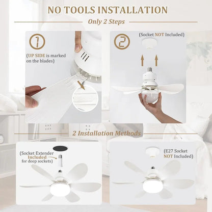 Socket Fan Light with Remote, Portable Ceiling Fan for Bedroom, Kitchen, Living Room, E26 Base 40W Dimmable 3000K-6000K