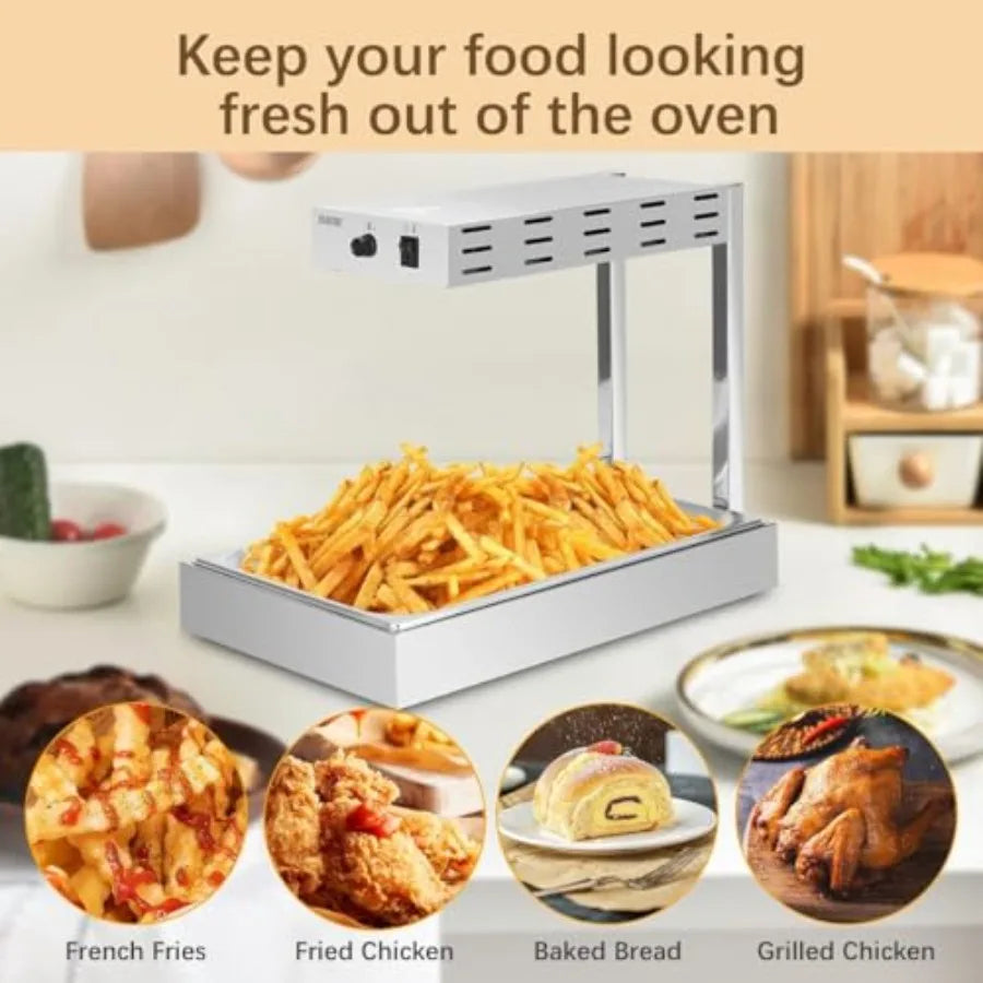 French Fry Warmer for Commercial Kitchens, Stainless Steel, Silver, Thermostable Infrared Heating Lamp with Free-Standing Desig