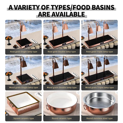 High-end Rose Gold Stainless Steel Buffet Server Lamp Food Warming Light Lamp Touch Control Electric Heating Plate