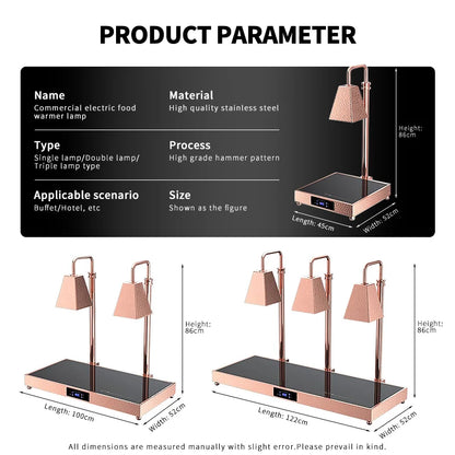 High-end Rose Gold Stainless Steel Buffet Server Lamp Food Warming Light Lamp Touch Control Electric Heating Plate