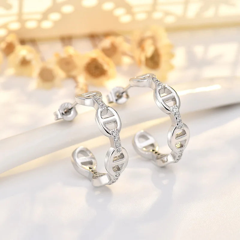 18K Gold Plated Pig Nose Chain Hoop Earrings | AAA Cubic Zirconia | Anti-Allergy | Minimalist Luxury Jewelry for Women Gifts