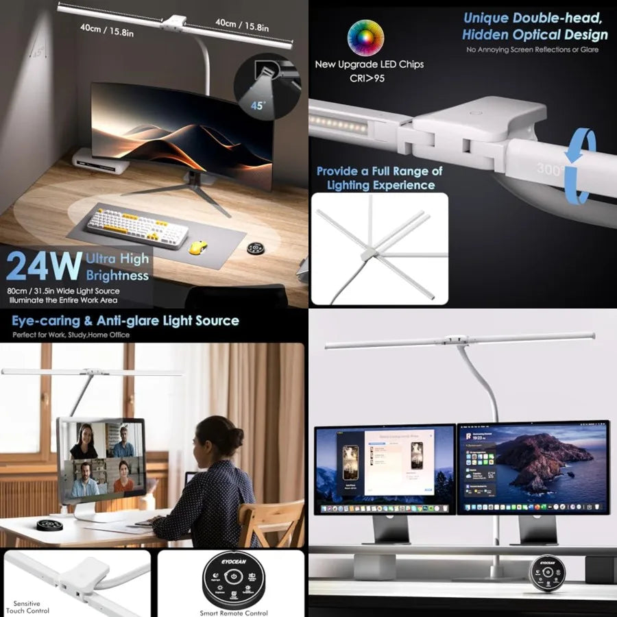 Desk Lamp with Metal Base, 31.5" LED Office Lamp for Home Office, 24W Double Head Desk Light, Dimmable and Color Temperature, T