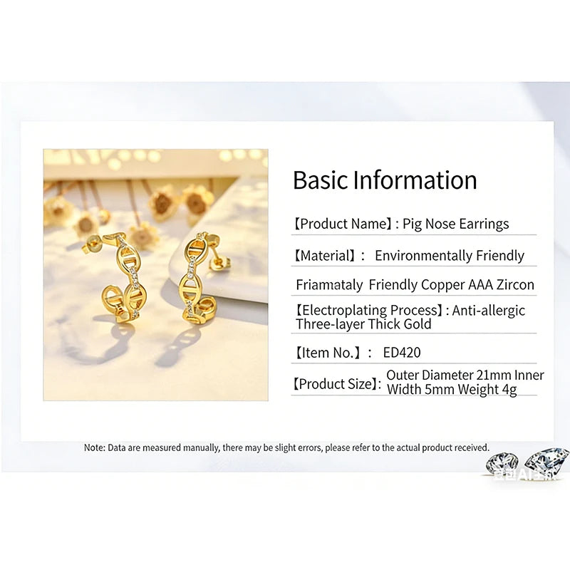 18K Gold Plated Pig Nose Chain Hoop Earrings | AAA Cubic Zirconia | Anti-Allergy | Minimalist Luxury Jewelry for Women Gifts