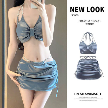 2025 New Swimsuit Women's Silver High-End Sexy Separates Three-Piece Set Hot Spring Vacation Fashion Bikini Hot Girl Outfit