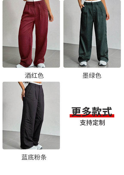 2025 Spring and Summer New Cross-border Design Sense Pants Casual High Waist Stitching Pants Simple Dosing Sense Loose Straight Leg Pants