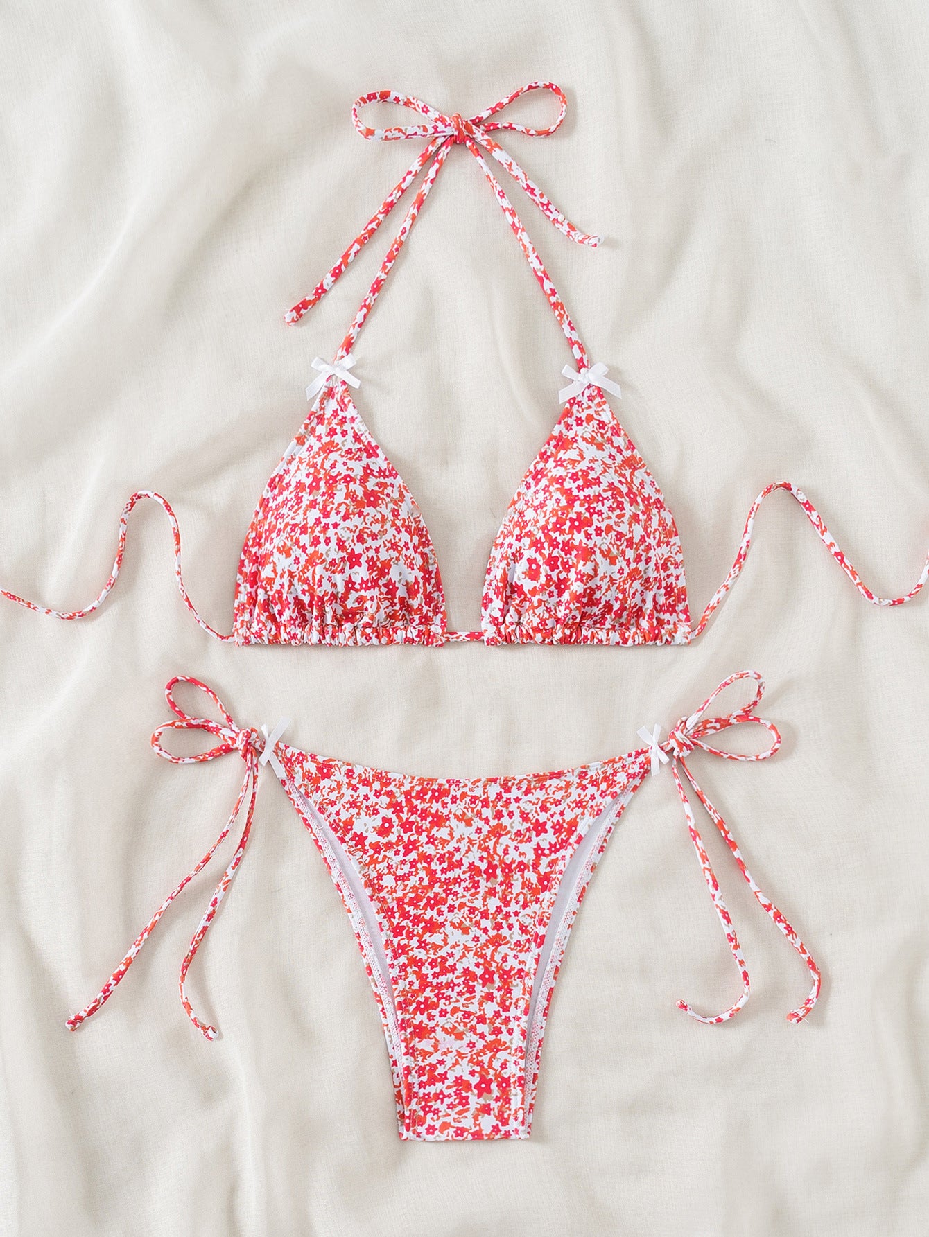 2025 New Bikini Cross-Border European and American Foreign Trade Floral Bow Tie Sexy Bikini Swimsuit Swimwear for Women