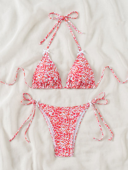 2025 New Bikini Cross-Border European and American Foreign Trade Floral Bow Tie Sexy Bikini Swimsuit Swimwear for Women