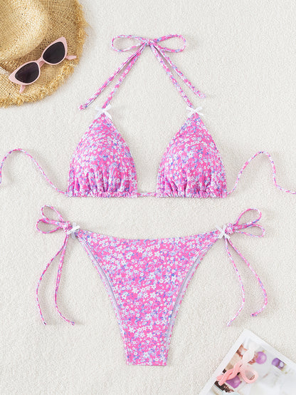 2025 New Bikini Cross-Border European and American Foreign Trade Floral Bow Tie Sexy Bikini Swimsuit Swimwear for Women