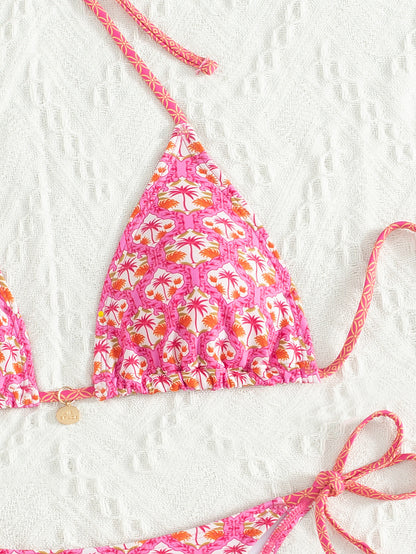 2025 New Bikini Cross-Border European and American Foreign Trade Printed Triangle Cup Lace-Up Sexy Bikini Swimsuit Swimwear for Women