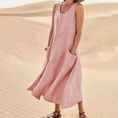 New Product in Stock Wish Aliexpress Amazon Independent Station Sleeveless Plus Flap Pocket Pants Pure Color Cotton and Linen Midi Dress