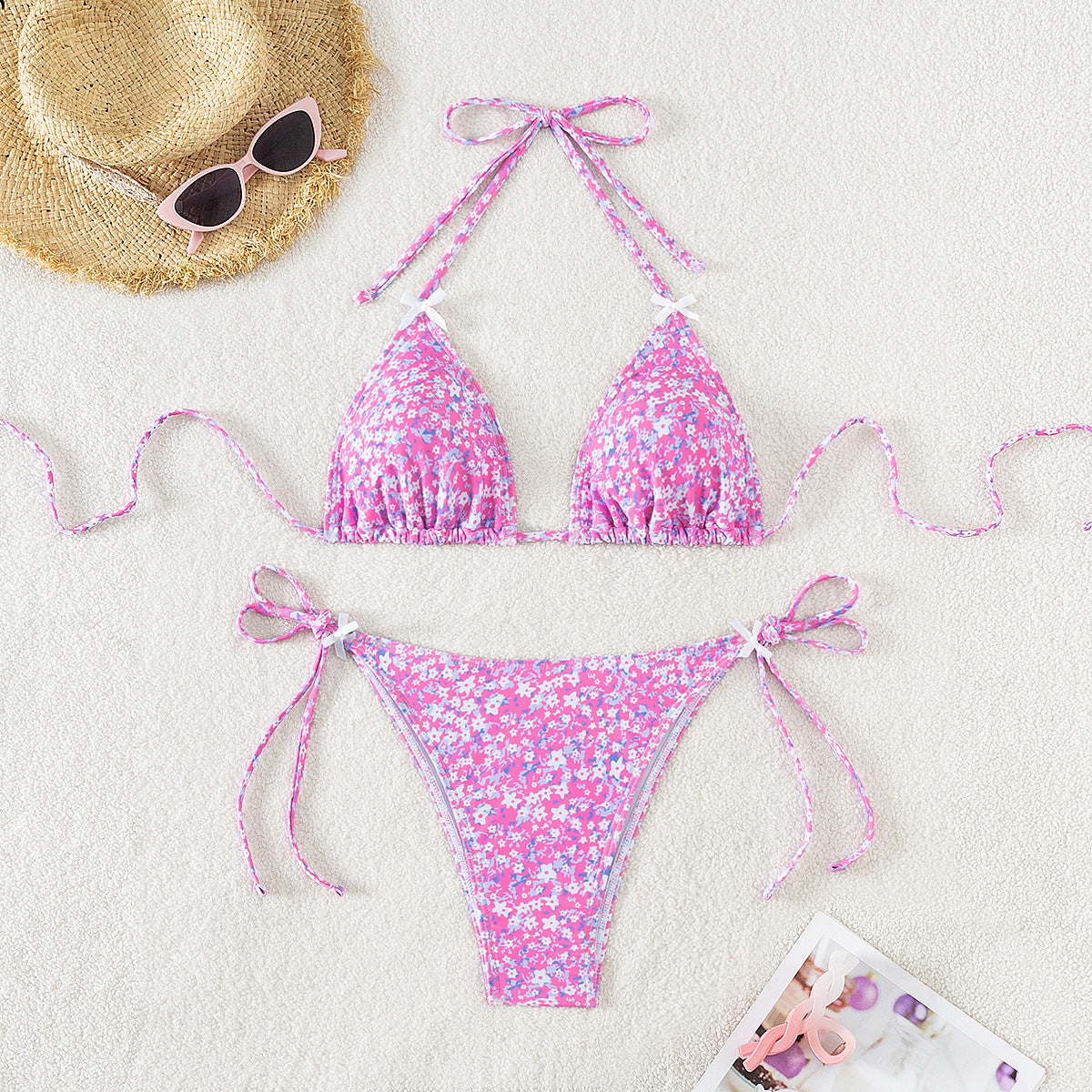 2025 New Bikini Cross-Border European and American Foreign Trade Floral Bow Tie Sexy Bikini Swimsuit Swimwear for Women