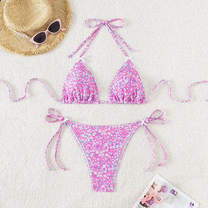 2025 New Bikini Cross-Border European and American Foreign Trade Floral Bow Tie Sexy Bikini Swimsuit Swimwear for Women