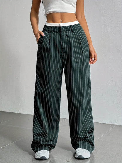 2025 Spring and Summer New Cross-border Design Sense Pants Casual High Waist Stitching Pants Simple Dosing Sense Loose Straight Leg Pants