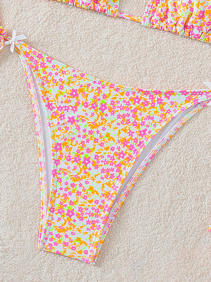 2025 New Bikini Cross-Border European and American Foreign Trade Floral Bow Tie Sexy Bikini Swimsuit Swimwear for Women