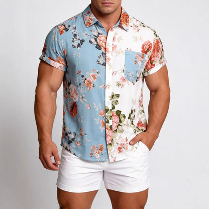 Foreign trade generation EBAY AliExpress Amazon 2024 summer new men's floral stitching short sleeve shirt men