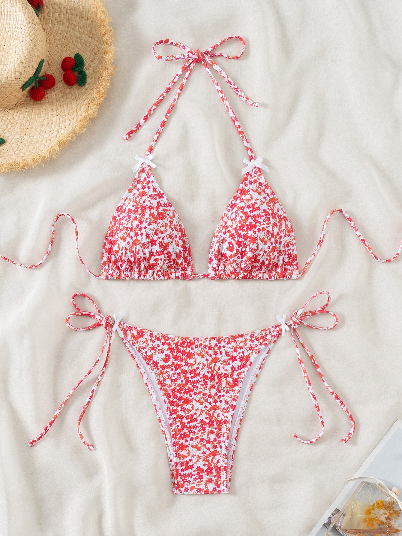 2025 New Bikini Cross-Border European and American Foreign Trade Floral Bow Tie Sexy Bikini Swimsuit Swimwear for Women