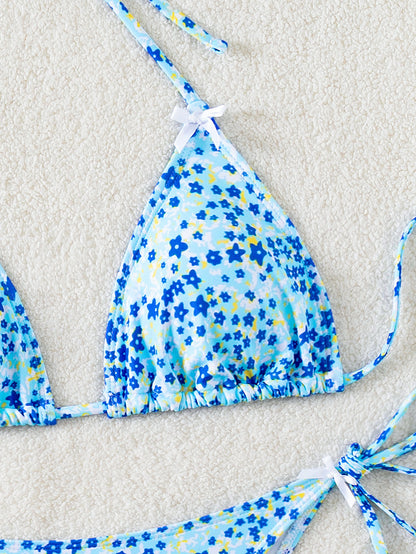 2025 New Bikini Cross-Border European and American Foreign Trade Floral Bow Tie Sexy Bikini Swimsuit Swimwear for Women