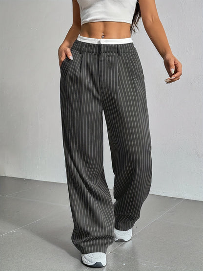2025 Spring and Summer New Cross-border Design Sense Pants Casual High Waist Stitching Pants Simple Dosing Sense Loose Straight Leg Pants