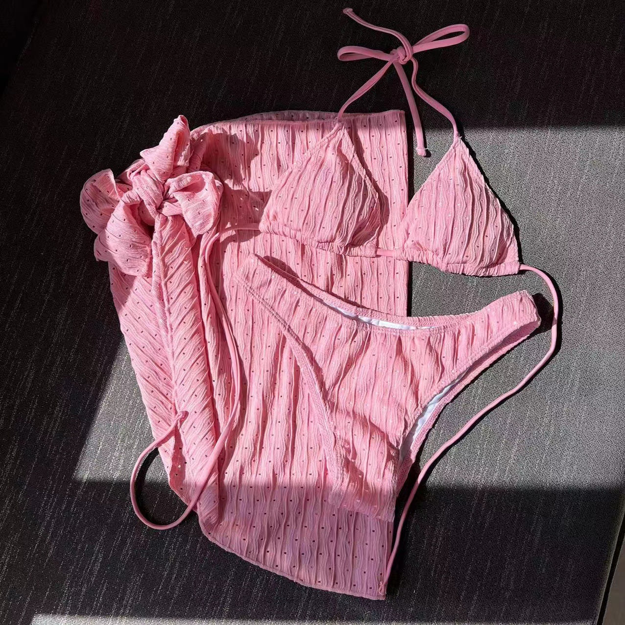 2025 European and American New Swimsuit Three-Piece Backless Drawstring Strap Bikini Bikini Three-Piece Swimsuit