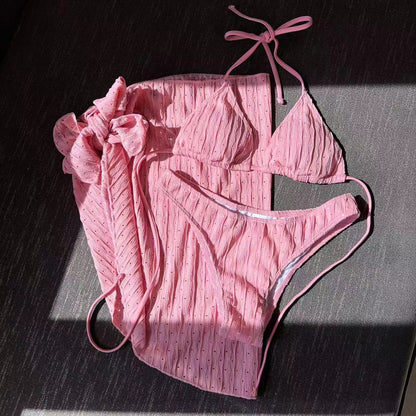 2025 European and American New Swimsuit Three-Piece Backless Drawstring Strap Bikini Bikini Three-Piece Swimsuit