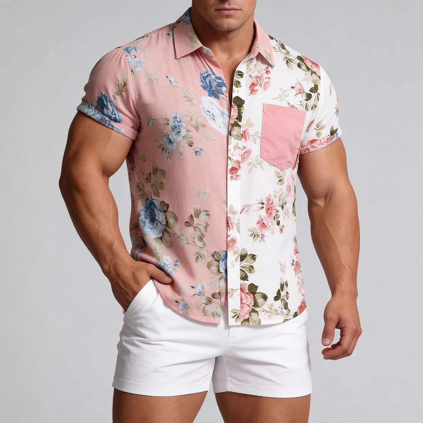Foreign trade generation EBAY AliExpress Amazon 2024 summer new men's floral stitching short sleeve shirt men