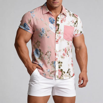 Foreign trade generation EBAY AliExpress Amazon 2024 summer new men's floral stitching short sleeve shirt men