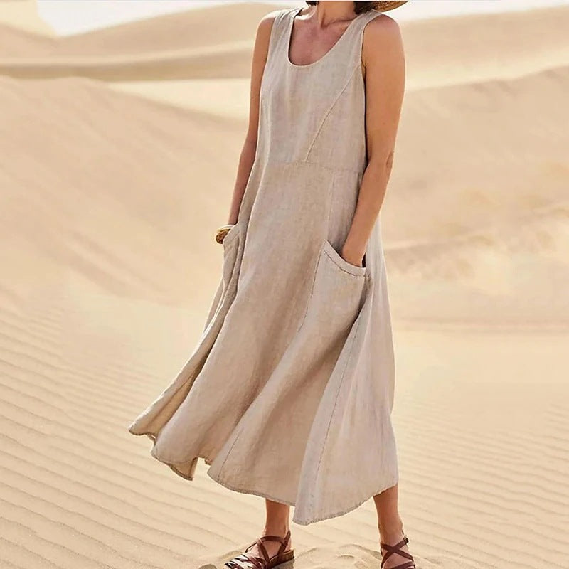New Product in Stock Wish Aliexpress Amazon Independent Station Sleeveless Plus Flap Pocket Pants Pure Color Cotton and Linen Midi Dress