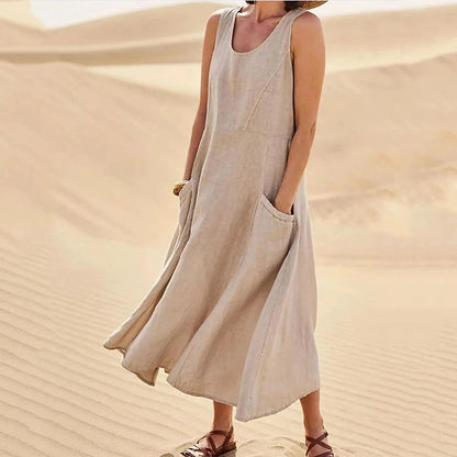 New Product in Stock Wish Aliexpress Amazon Independent Station Sleeveless Plus Flap Pocket Pants Pure Color Cotton and Linen Midi Dress
