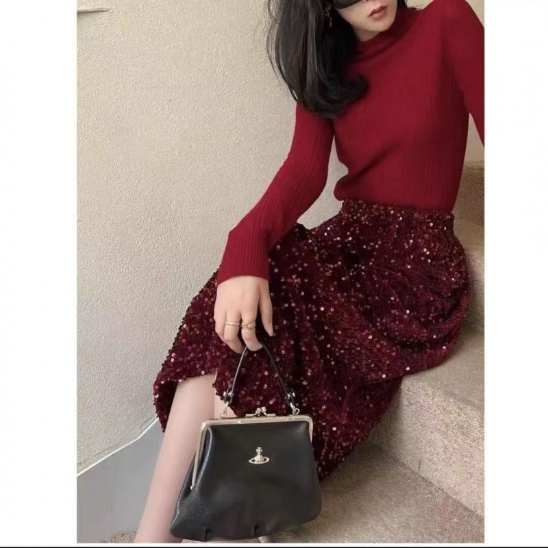 plus size 2025 Spring New Fashion Sequin Split Skirt Women's Small Long Straight Skirt