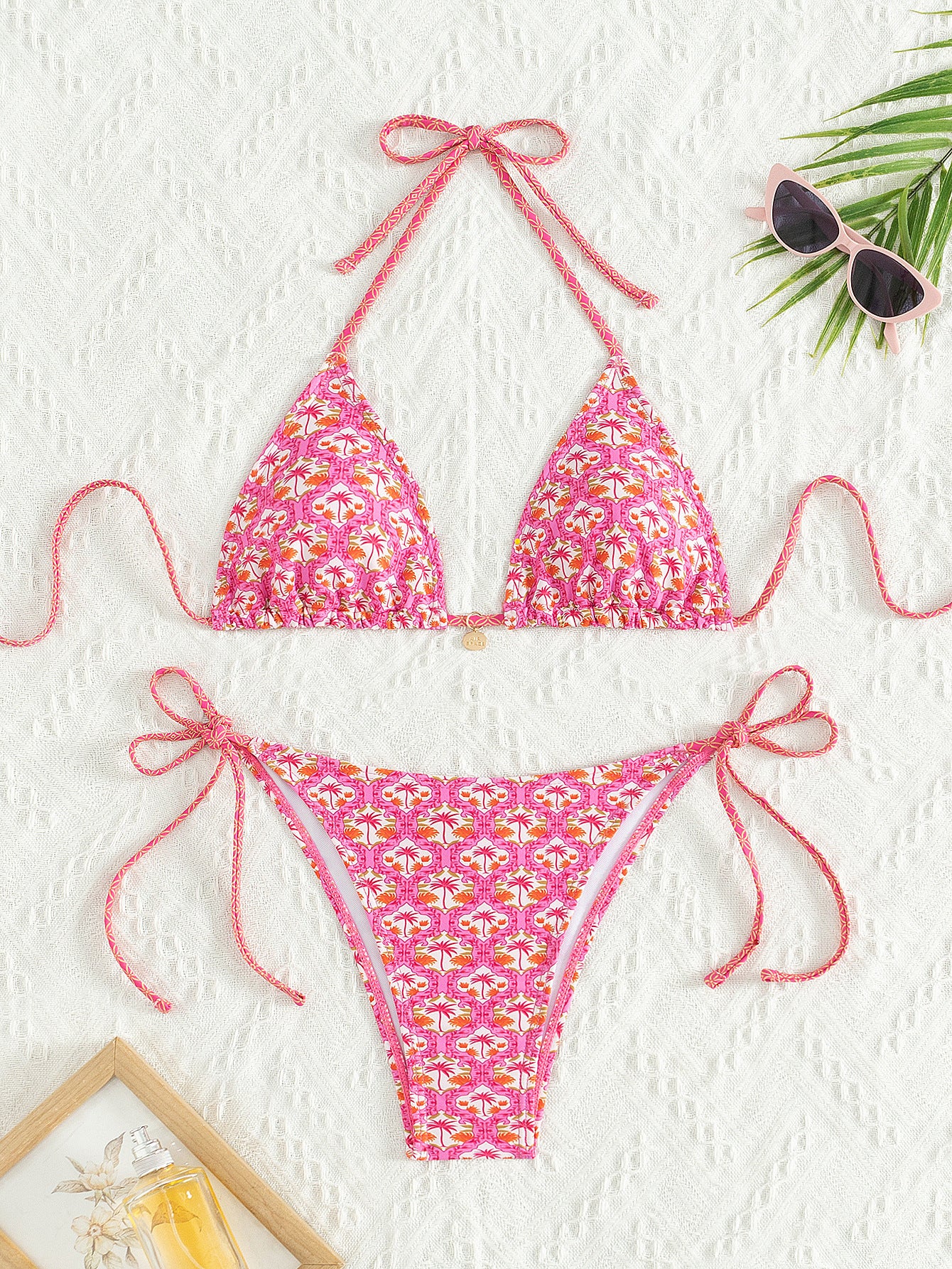 2025 New Bikini Cross-Border European and American Foreign Trade Printed Triangle Cup Lace-Up Sexy Bikini Swimsuit Swimwear for Women