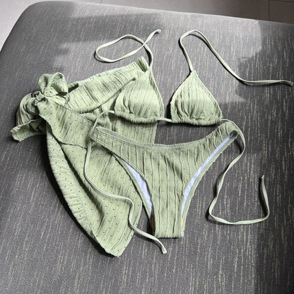 2025 European and American New Swimsuit Three-Piece Backless Drawstring Strap Bikini Bikini Three-Piece Swimsuit