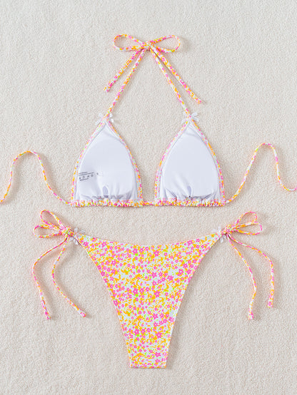 2025 New Bikini Cross-Border European and American Foreign Trade Floral Bow Tie Sexy Bikini Swimsuit Swimwear for Women