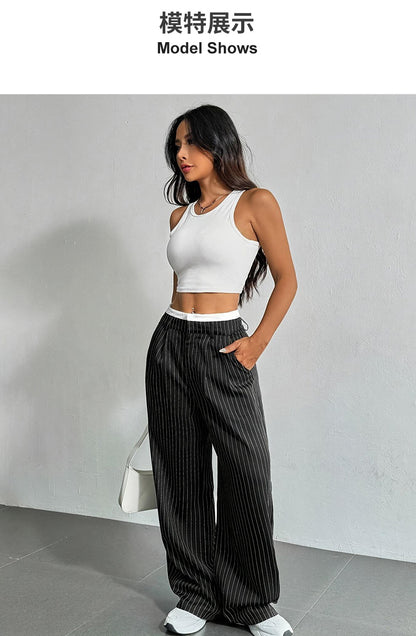 2025 Spring and Summer New Cross-border Design Sense Pants Casual High Waist Stitching Pants Simple Dosing Sense Loose Straight Leg Pants