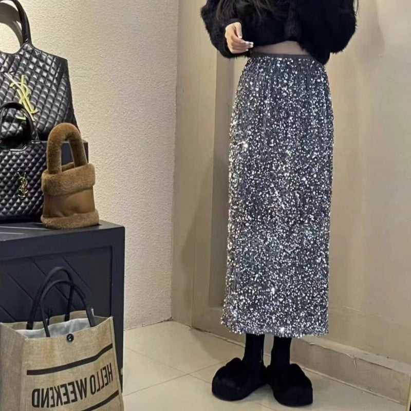 plus size 2025 Spring New Fashion Sequin Split Skirt Women's Small Long Straight Skirt