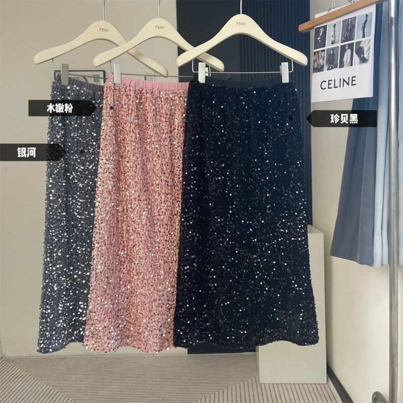 plus size 2025 Spring New Fashion Sequin Split Skirt Women's Small Long Straight Skirt