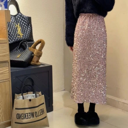 plus size 2025 Spring New Fashion Sequin Split Skirt Women's Small Long Straight Skirt