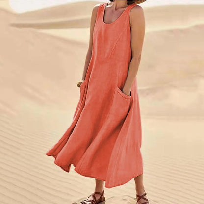 New Product in Stock Wish Aliexpress Amazon Independent Station Sleeveless Plus Flap Pocket Pants Pure Color Cotton and Linen Midi Dress