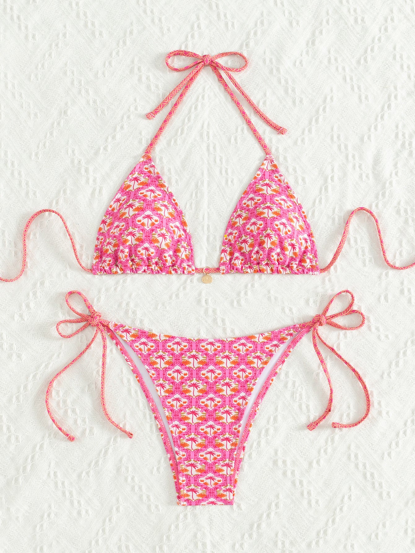 2025 New Bikini Cross-Border European and American Foreign Trade Printed Triangle Cup Lace-Up Sexy Bikini Swimsuit Swimwear for Women