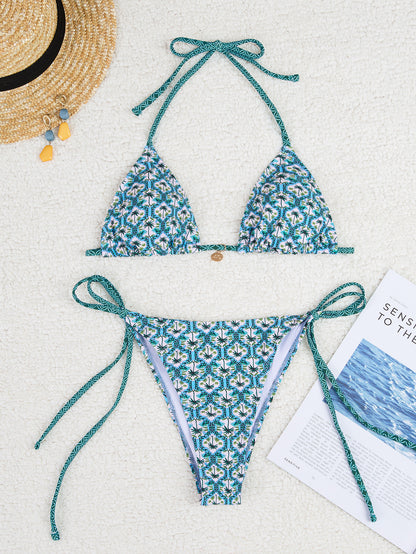 2025 New Bikini Cross-Border European and American Foreign Trade Printed Triangle Cup Lace-Up Sexy Bikini Swimsuit Swimwear for Women