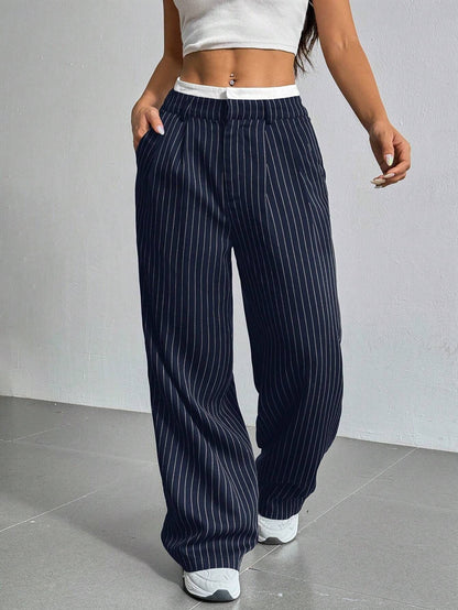 2025 Spring and Summer New Cross-border Design Sense Pants Casual High Waist Stitching Pants Simple Dosing Sense Loose Straight Leg Pants