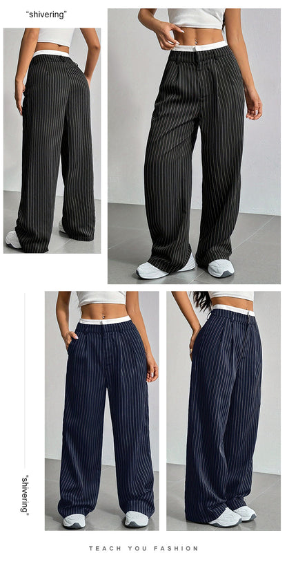 2025 Spring and Summer New Cross-border Design Sense Pants Casual High Waist Stitching Pants Simple Dosing Sense Loose Straight Leg Pants