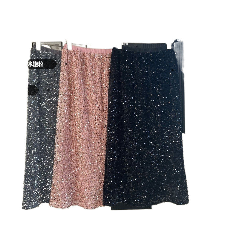 plus size 2025 Spring New Fashion Sequin Split Skirt Women's Small Long Straight Skirt
