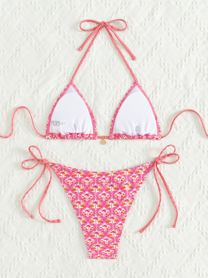 2025 New Bikini Cross-Border European and American Foreign Trade Printed Triangle Cup Lace-Up Sexy Bikini Swimsuit Swimwear for Women