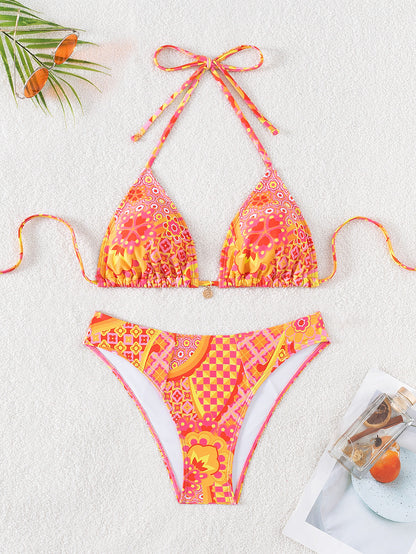 2025 New Bikini Cross-Border European and American Aliexpress Printed Lace Sexy Bikini Split Swimsuit Swimsuit for Women