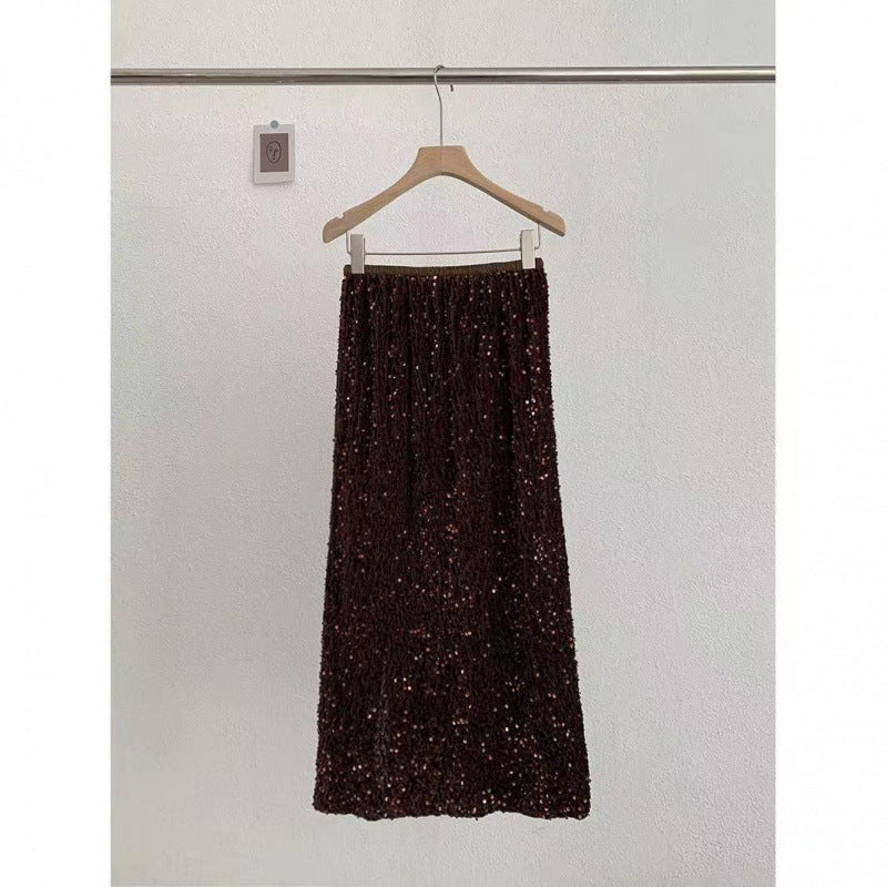 plus size 2025 Spring New Fashion Sequin Split Skirt Women's Small Long Straight Skirt