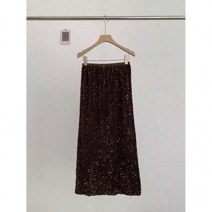 plus size 2025 Spring New Fashion Sequin Split Skirt Women's Small Long Straight Skirt